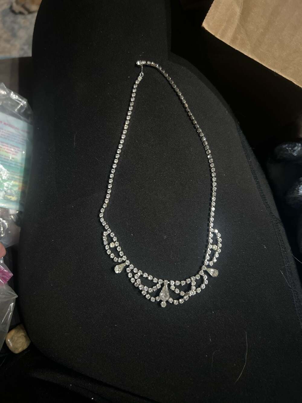 Vintage Silver Tone Rhinestone Festoon Bib Necklace with Teardrop Accents